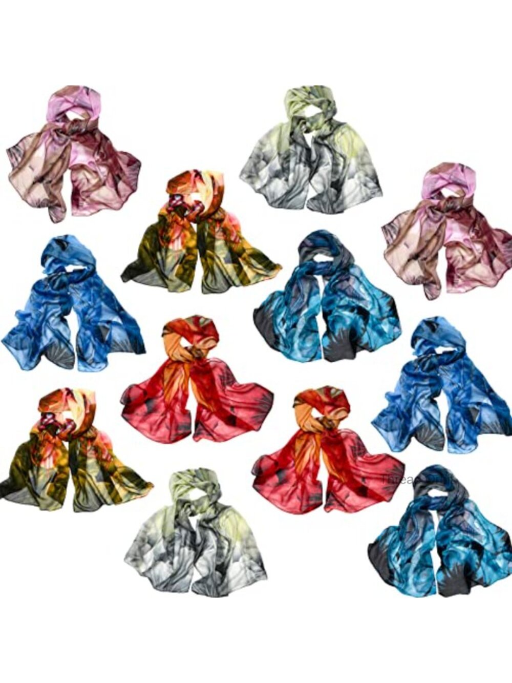 12 Pc Georgette Floral Print Scarf Set Long Lightweight Silk Shawls